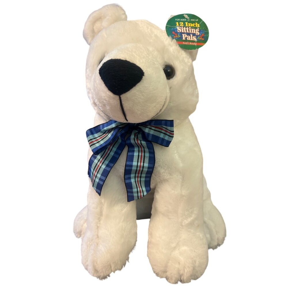 12 Inch Sitting Pals Plush White Polar Bear With Blue Plaid Bow NWT